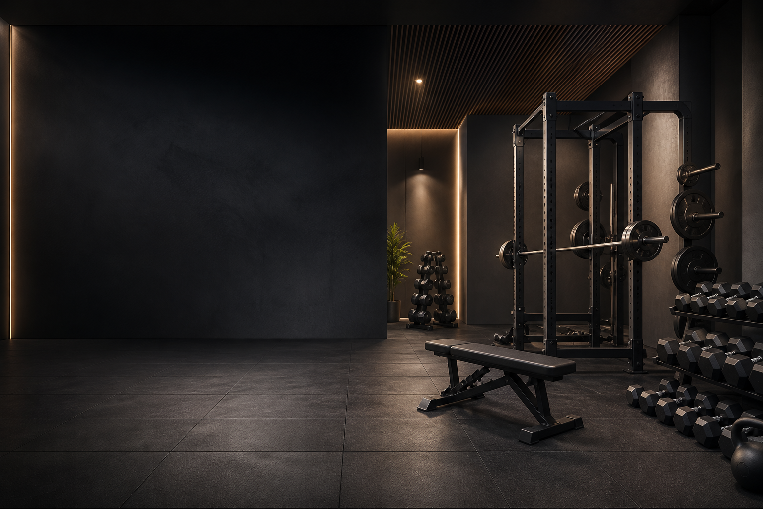 Concept artwork of a focused strength-training floor, not a photograph of SDA Fitness Gym